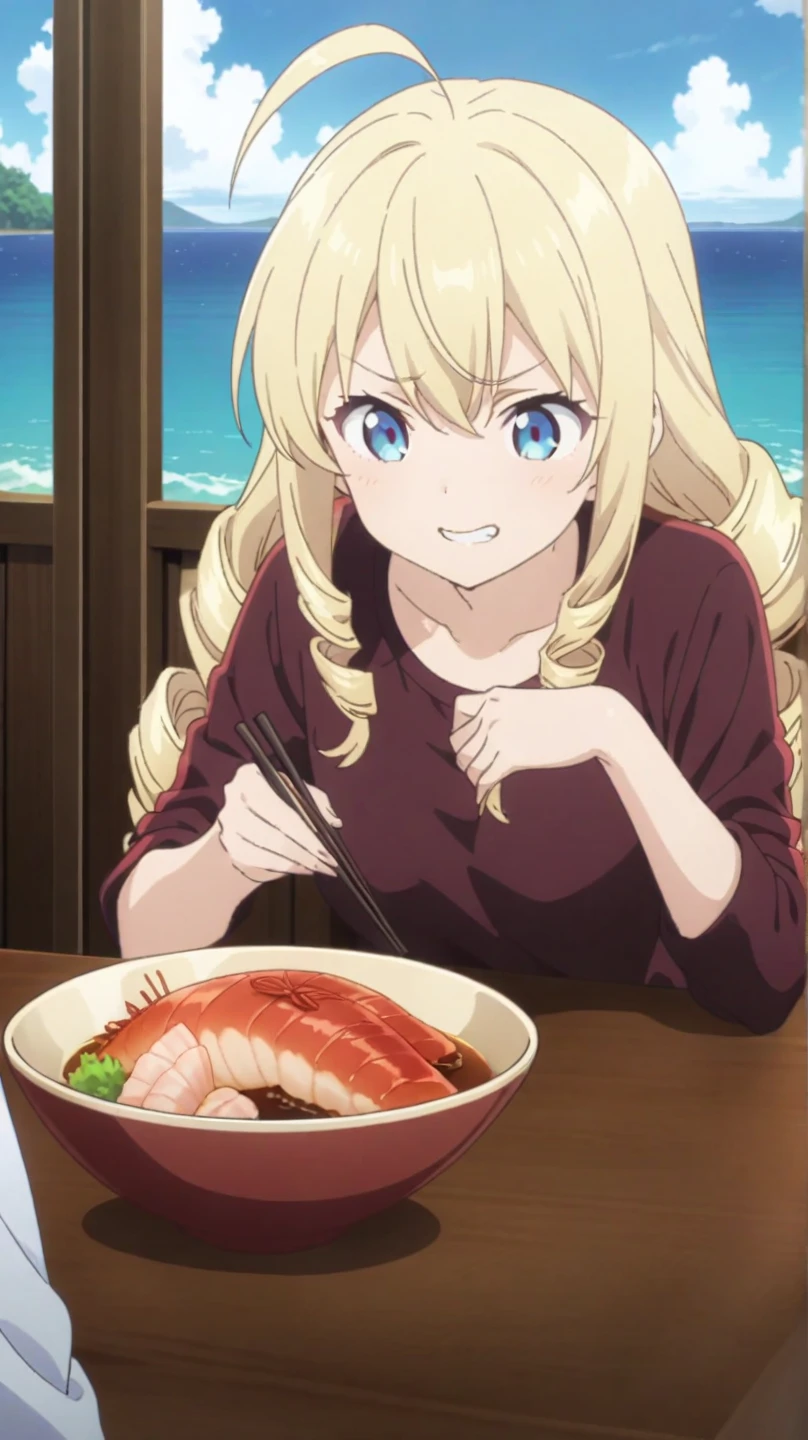 a girl, blonde, long hair, drill hair, ahoge, blue eyes, slant eyes, narrow eyes, hopeful, grinning, maroon sportswear long pants, maroon sportswear, Black platform boots, Woman behind the table, upper body, Eat a seafood bowl with chopsticks, Seafood dishes on the table, Tropical Terrace, in the afternoon, ocean background, anime, illustration, masterpiece, best quality, detailed, fast shutter speed, 2d anime, best hands, best hand