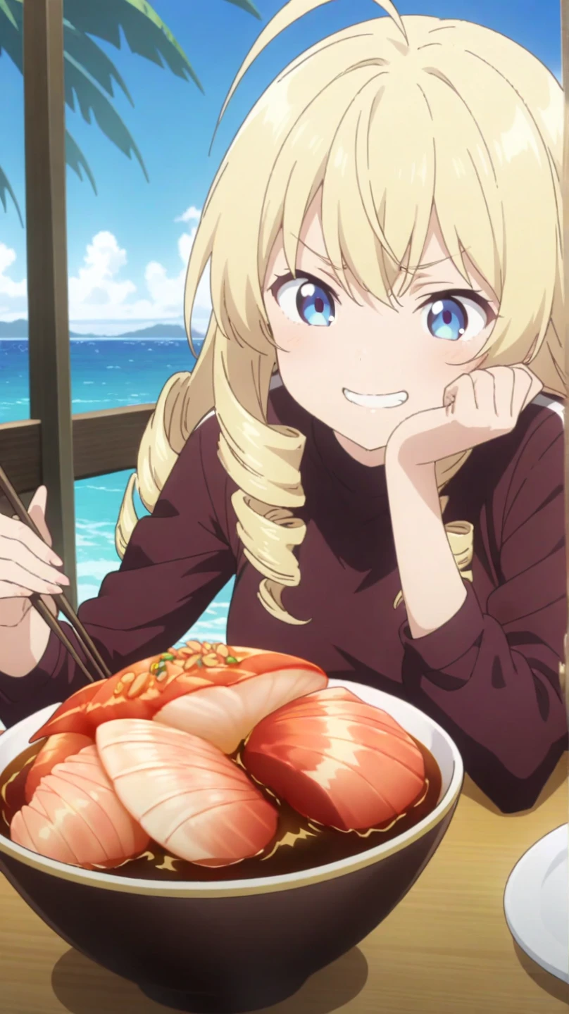 a girl, blonde, long hair, drill hair, ahoge, blue eyes, slant eyes, narrow eyes, hopeful, grinning, maroon sportswear long pants, maroon sportswear, Black platform boots, Woman behind the table, upper body, Eat a seafood bowl with chopsticks, Seafood dishes on the table, Tropical Terrace, in the afternoon, ocean background, anime, illustration, masterpiece, best quality, detailed, fast shutter speed, 2d anime, best hands, best hand