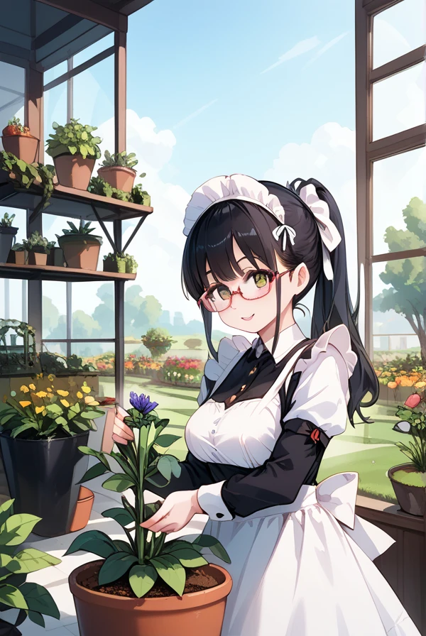 Black hair, glasses, maid, maid uniform, gardening, planter, colorful pansies in bloom, watering, outdoors,