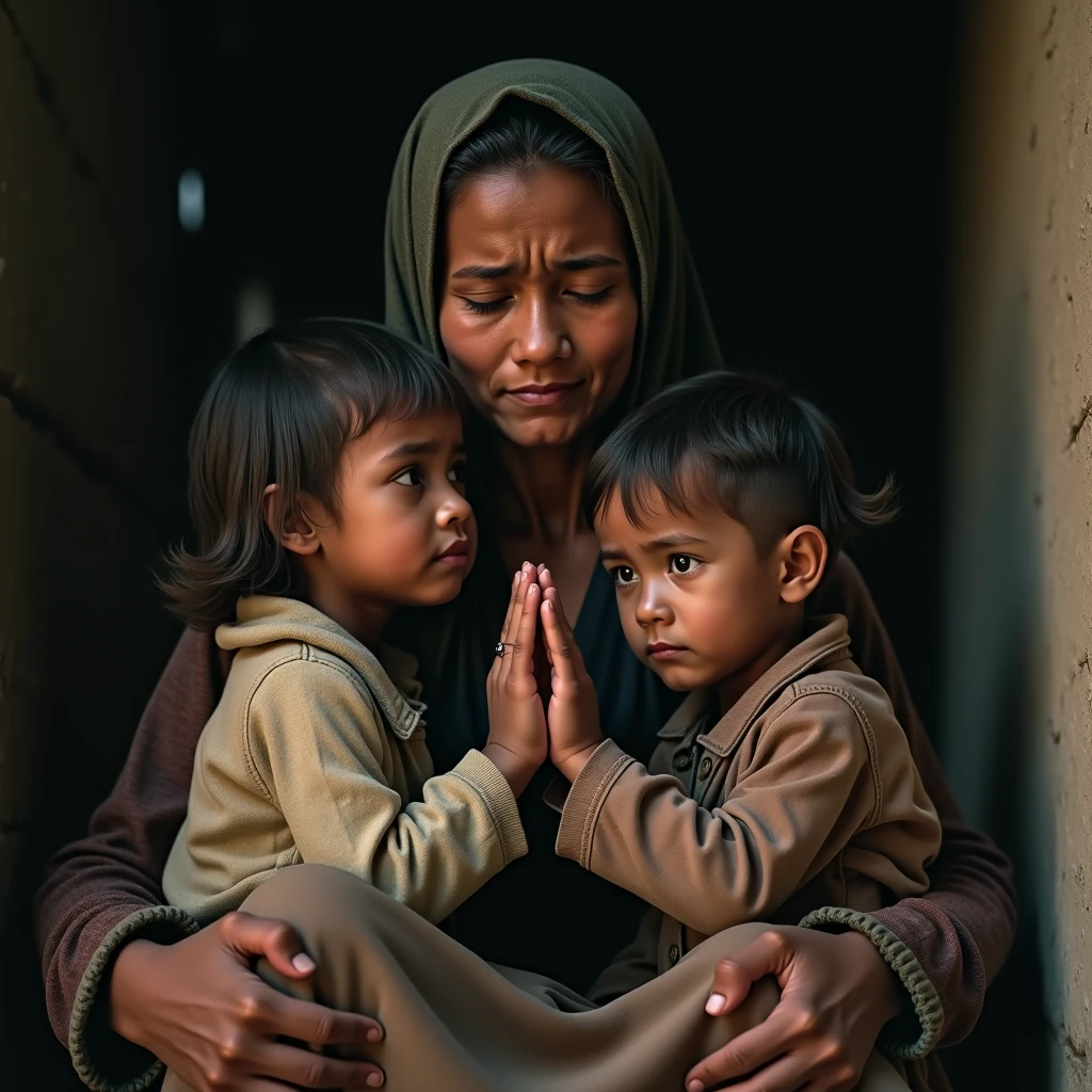 Creating poor women and children crying, with head down 