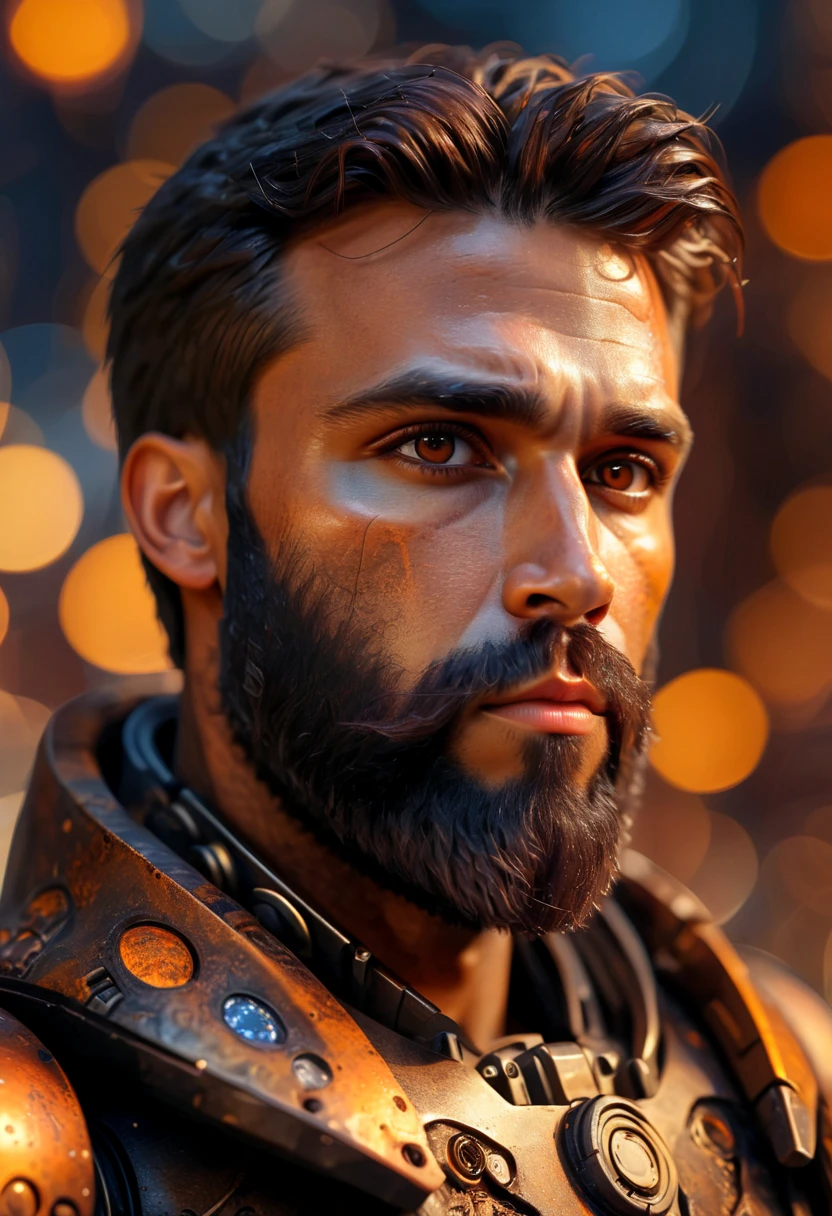 Portrait photo of muscular bearded guy in a worn mech suit, ((light bokeh)), intricate, (steel metal [rust]), elegant, sharp focus, photo by greg rutkowski, soft lighting, vibrant colors, (masterpiece), ((streets)), (detailed face:1.2), (glowing dark brown  eyes:1.1)
