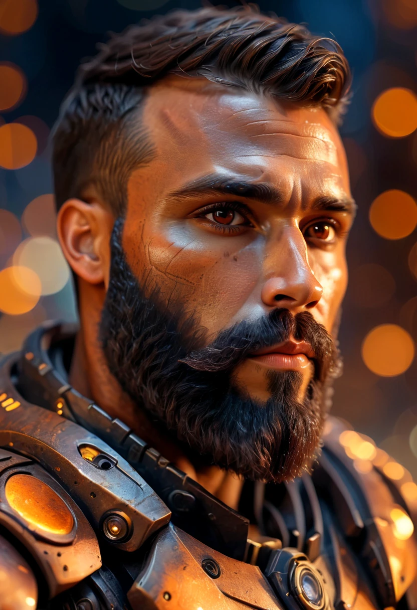 Portrait photo of muscular bearded guy in a worn mech suit, ((light bokeh)), intricate, (steel metal [rust]), elegant, sharp focus, photo by greg rutkowski, soft lighting, vibrant colors, (masterpiece), ((streets)), (detailed face:1.2), (glowing dark brown  eyes:1.1)
