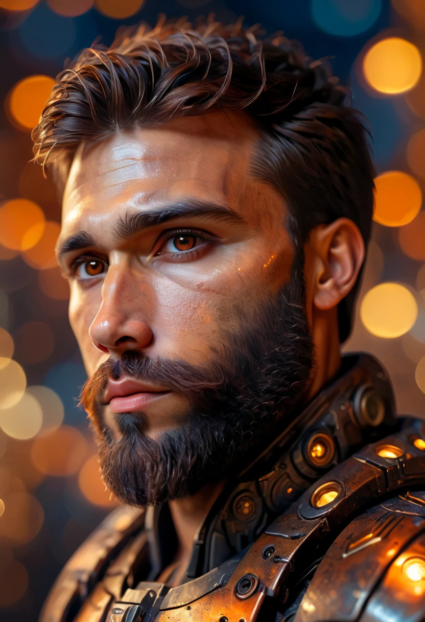 Portrait photo of muscular bearded guy in a worn mech suit, ((light bokeh)), intricate, (steel metal [rust]), elegant, sharp focus, photo by greg rutkowski, soft lighting, vibrant colors, (masterpiece), ((streets)), (detailed face:1.2), (glowing dark brown  eyes:1.1)
