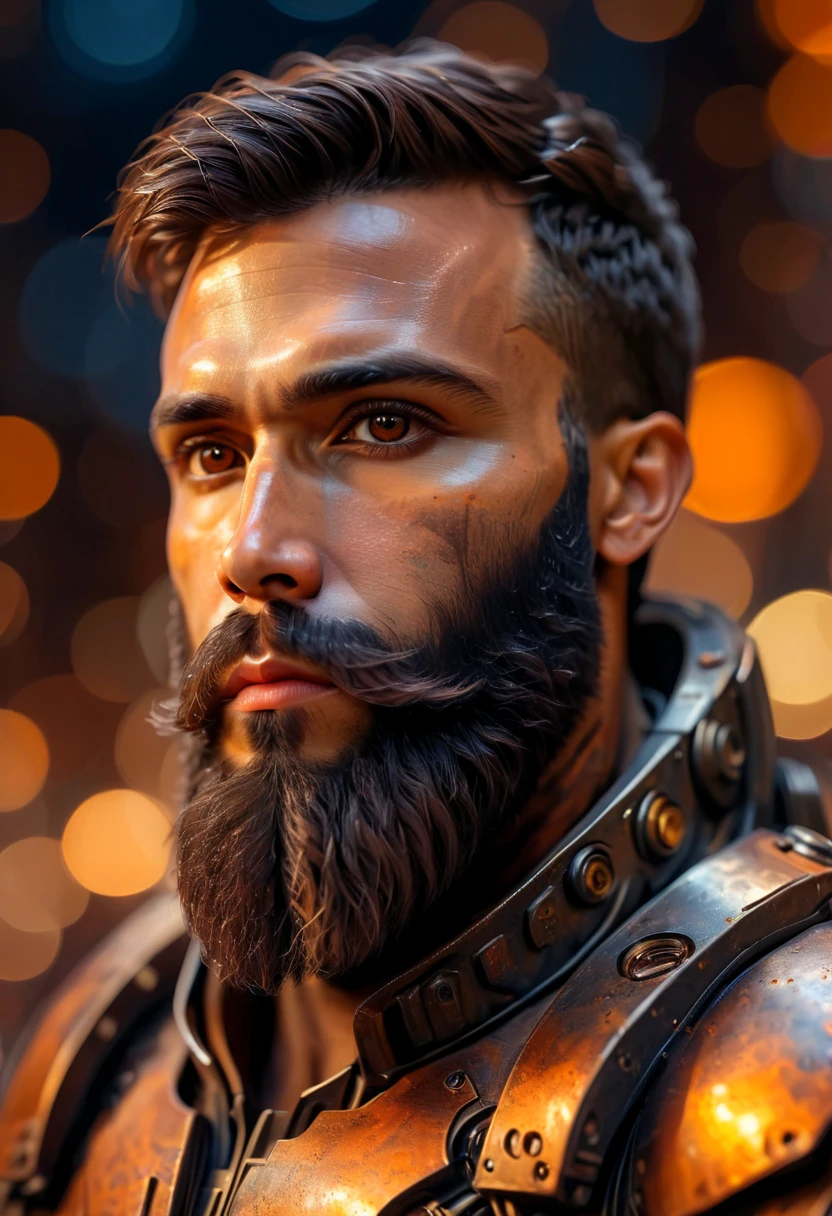 Portrait photo of muscular bearded guy in a worn mech suit, ((light bokeh)), intricate, (steel metal [rust]), elegant, sharp focus, photo by greg rutkowski, soft lighting, vibrant colors, (masterpiece), ((streets)), (detailed face:1.2), (glowing dark brown  eyes:1.1)
