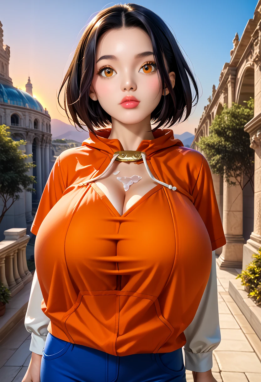 UHD semi-realistic 3D render, UHD 64K definitive remaster, definitive, main subject is: jadechan, 1 attractive American-Chinese teen, black hair, brown eyes, solo, short hair, long sleeves, (breastless_orange hoodie, chest cutout), naked cleavage, pants, sneakers, huge hyperbreasts, naked breasts out, bursting breasts, lip symmetry, intricate-detailed strands of hair, large pretty-beautiful eyes, slightly-radiant eyes,  ----- ---"Generate a breathtaking, photo-realistic image that exemplifies next-gen PS5 graphics, inspired by 'Star Ocean: The Divine Force' and utilizing the ASKA Engine. The scene should feature a vibrant, enchanted fantasy landscape, characterized by lush foliage, intricate details, and dynamic lighting that creates depth and atmosphere. In the foreground, depict a beautiful female character intricately-designed to show off the high-spec graphics engine, showcasing high-resolution textures and realistic materials. Utilize advanced graphical elements such as ray tracing for realistic lighting and reflections, ambient occlusion for enhanced depth, and dynamic shadows to add a layer of realism to the scene. The character should exhibit smooth, fluid animations that capture action-packed gameplay moments. The background should seamlessly transition into a majestic castle or ancient ruins. Include features like high-poly models and real-time rendering that highlight the visual fidelity of the scene. The overall composition must evoke a sense of intricate-detail, epic game graphics." realistic lighting effects, true depth, intricately-detailed skin, realistic skin, realistic eyes, high visual-clarity, in-focus, matching eyes, eye and pupils symmetry, extremely-detailed face and eyes, huge breasts, skindentation, masterpiece, best_quality, best graphics, latest next-gen graphic engine, very-detailed 3D-modeling, skindentation, realistic skin-complexion, fair-skinned, realistic skintone, subsurface light-scattering, busty, very-buxom, tiny waist, sexiness,