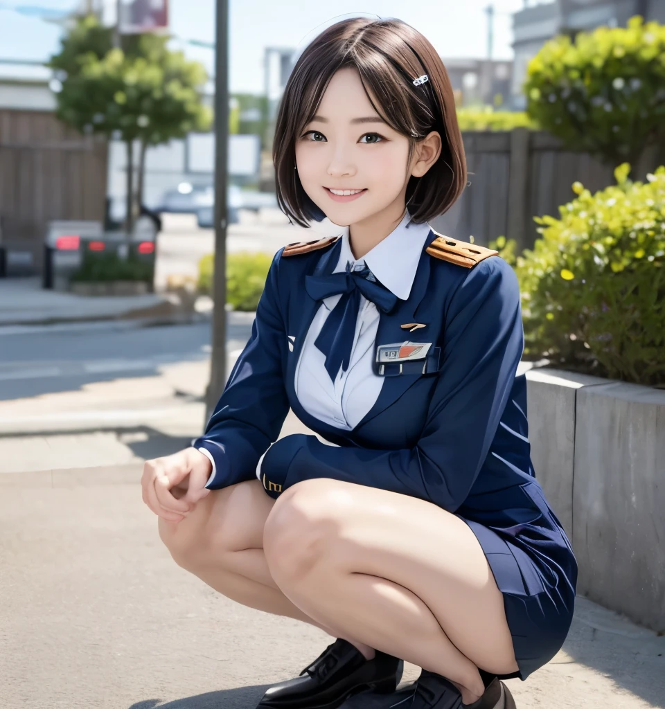    top quality、、    super high resolution、  Masterpiece  、Clear Photo、   RAW photos 、(  very cute girl、  beautiful girl 、  Cute Yuki Yoda 、 The cutest in the world  )、、   small fac、(   big erect nipples   、slouch、    sit on a    )、Ultra slim、 slender、 Thin Waist、   beautiful legs、( cute stewardess、Wear a uniform)、( squat:1.6)、   very short hair、 review、  Full body portrait  