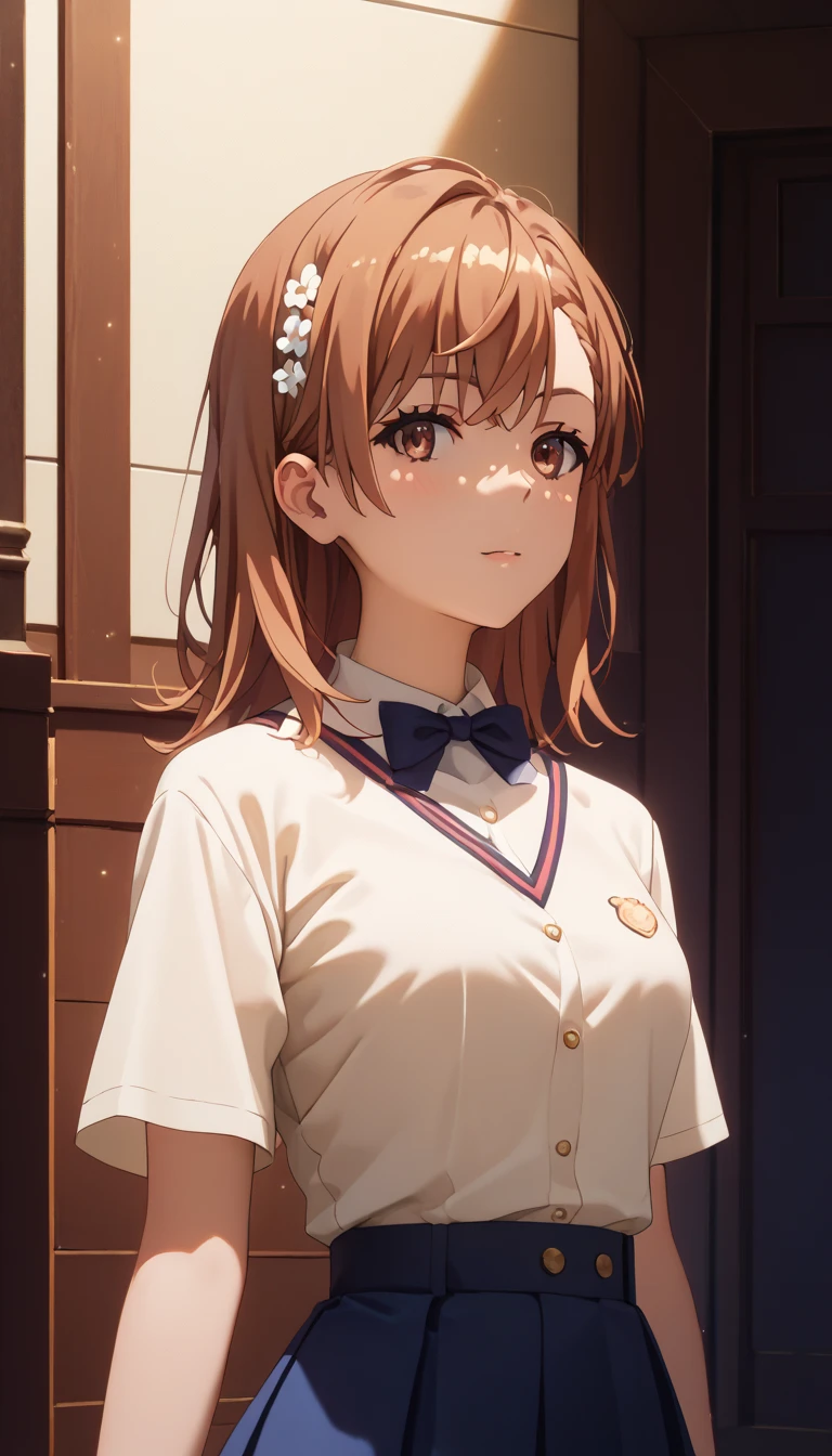 {{{masterpiece}}}, {{{best quality}}}, {{ultra-detailed}}, {illustration}, {{an extremely delicate and beautiful}},Mikoto Misaka、clothed、 Background School 、night🌉