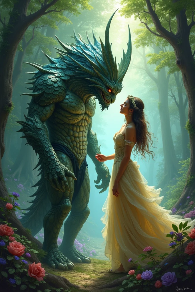 one handsome muscular male crocodile beastman hug and holding a young beautiful girl (20 years old) crying in his left arm, the beastman has muscles that are not too big but still very strong, he sitting in wicked swamp and surrounded by dark creatures: the crocodile beastman is tall than the young girl, who sits on his left hand with a slender figure and long beautiful bare legs, she wears a short white dress that reveals her large breasts, the girl has long black hair that is wet and sticks to her pretty face, wicked swamp, dark creatures, night, dark fantasy style, HD, 8K, dramatic lightin, sharp focus, vivid colors, dark blue --auto --s2