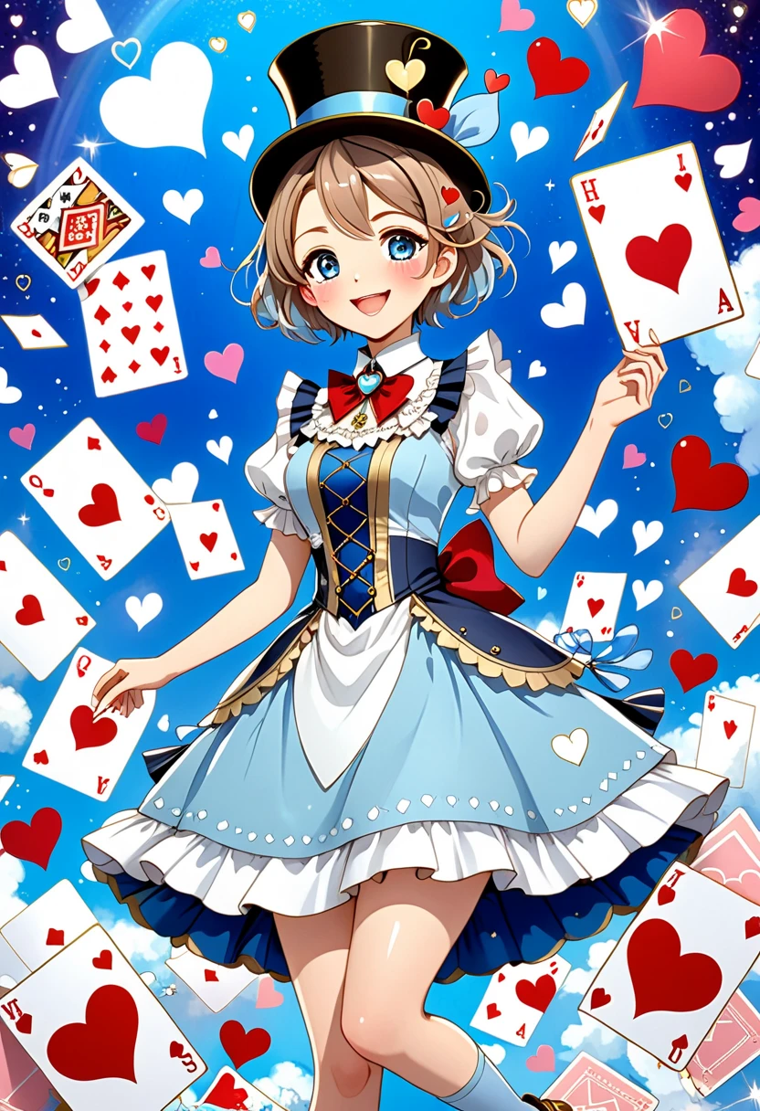 A whimsical anime-style girl in a fantasy-themed outfit, featuring a layered light blue and white dress adorned with heart motifs. She has short, light brown hair and a cheerful expression with one eye winking playfully. She holds a pocket watch on a delicate chain, symbolizing the theme of time, while cards and hearts float around her, enhancing the magical atmosphere. On her head is a tiny blue top hat decorated with a playing card and a small heart. The background features soft, whimsical tones with heart and card elements scattered throughout, giving the scene a romantic and fantastical vibe. The overall art style is colorful, playful, and filled with intricate details.