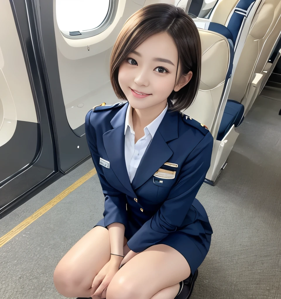    top quality、、    super high resolution、  Masterpiece  、Clear Photo、   RAW photos 、(  very cute girl、  beautiful girl 、  Cute Yuki Yoda 、 The cutest in the world  )、baby face、   small face   、smile、( slouch、    sit on a :1.4   )、Ultra slim、 slender、 Thin Waist、   beautiful legs、( cute stewardess、Wear a uniform)、( squats at the camera:1.6、Open your legs a little:1.4)、   very short hair:1.6、 review、  Full body portrait  