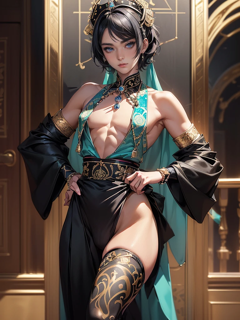 Young Asian Woman sitting on a throne with her legs spread wide open looking into the camera, silky dark teal with yellow highlights, long hair, sporting a rebellious undercut hairstyle, olive skin with a sun-kissed glow, captivating bright hazel brown eyes, framed by thick eyelashes, tattoos of a sexy demonic woman, cascading down her back, often moving with her every gesture, graceful, reminiscent of a dancer, silver anklet with tiny bells jingles softly with her every step, complementing the leather jacket that's practically her second skin