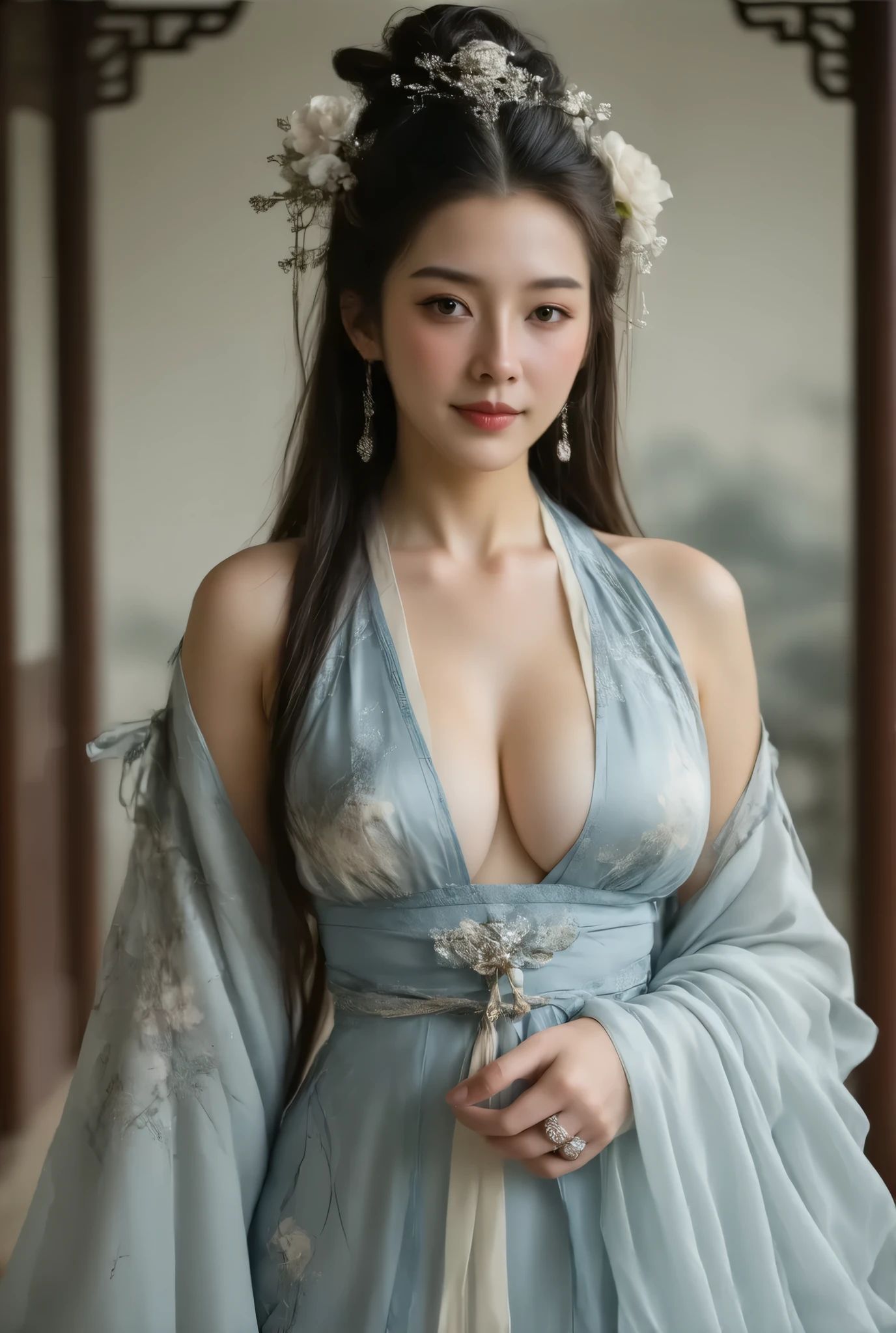 (((( Masterpiece , top quality, high definition )))), Extremely detailed 8K,  Sexy Woman, 27 years old, chubby body shape sexy beautiful japanese woman, full body view, sexy long legs,A woman in a blue and white dress with flowers in her hair, Hanfu, palace, girl in Hanfu, blue Hanfu, white Hanfu, Close up of a , ((BEAUTIFUL FANTASY QUEEN )), ancient Chinese Princess, Chinese style,  traditional Chinese clothing ,  ancient chinese clothing , BEAUTIFUL FANTASY QUEEN , Chinese Princess,   traditional beauty  ,