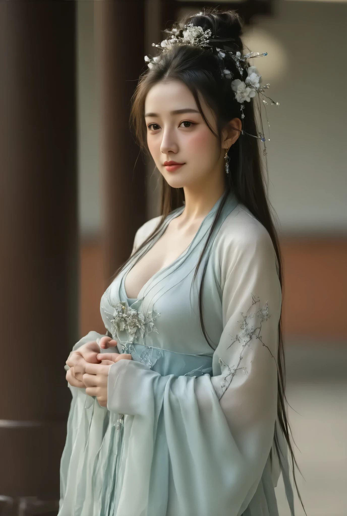 (((( Masterpiece , top quality, high definition )))), Extremely detailed 8K,  Sexy Woman, 27 years old, chubby body shape sexy beautiful japanese woman, full body view, sexy long legs,A woman in a blue and white dress with flowers in her hair, Hanfu, palace, girl in Hanfu, blue Hanfu, white Hanfu, Close up of a , ((BEAUTIFUL FANTASY QUEEN )), ancient Chinese Princess, Chinese style,  traditional Chinese clothing ,  ancient chinese clothing , BEAUTIFUL FANTASY QUEEN , Chinese Princess,   traditional beauty  ,