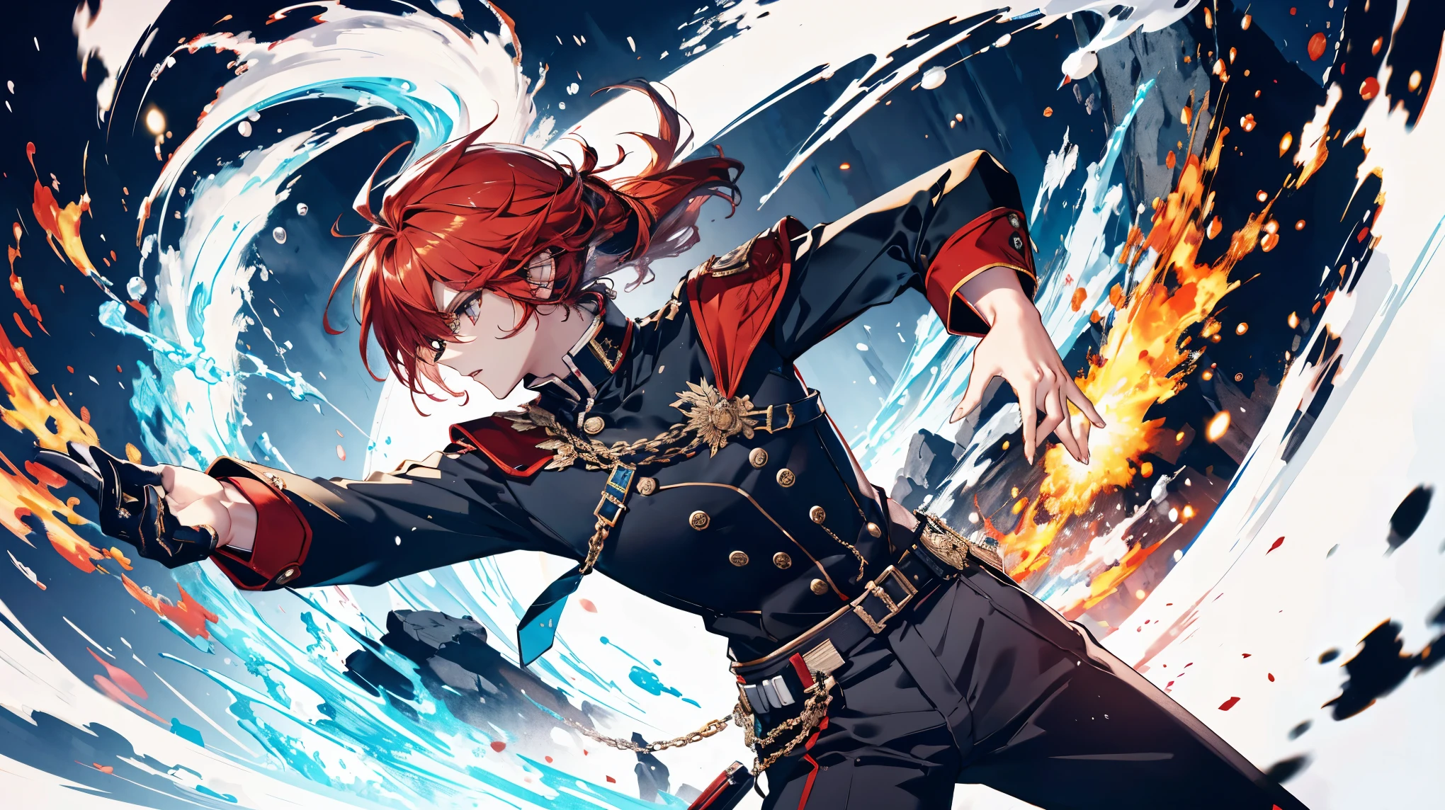  High Quality , masterpiece, Delicate hair,  Delicate Eyes,  high image quality, male, ハンサムなmale, 鋭い golden eyes,  neutral face ,  Bright Red Hair ,  golden eyes, Mysterious appearance , Muscular,  Wears a disheveled black shirt ,  black skinny pants , sword, Master Swordsman, Cloudy sky background ,  detailed anime style illustration, Intense expression, Hidden aura of power, Flames and sparks,  very detailed,  Strong Shadow , Ash, ice, ink wash painting, ink splashing, color splashing