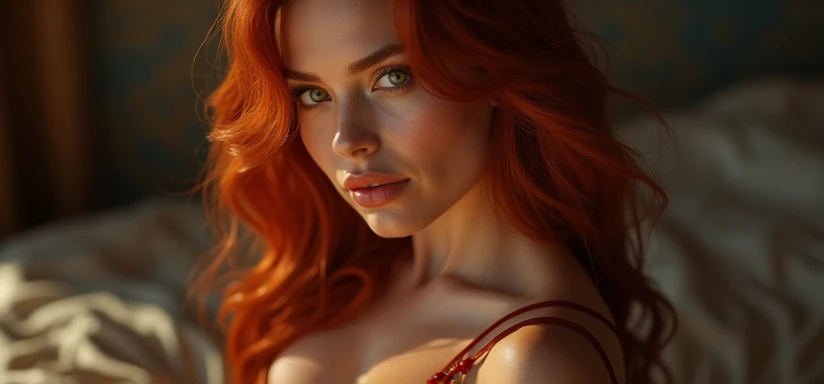 (Realistic photo of a beautiful woman, 35 years old, grey eyes, full full lips, red hair, long curly hair, curls, tanned skin, jewellery, realistic, soft lighting, professional photography, photorealistic, detailed, RAW, sharp focus, ultra-high resolution, best quality, masterpiece, (best quality, high-resolution, ultra-detailed:1. 2), HDR, bright colours, laying on bed, curvy, sexy, wet, earrings, gym