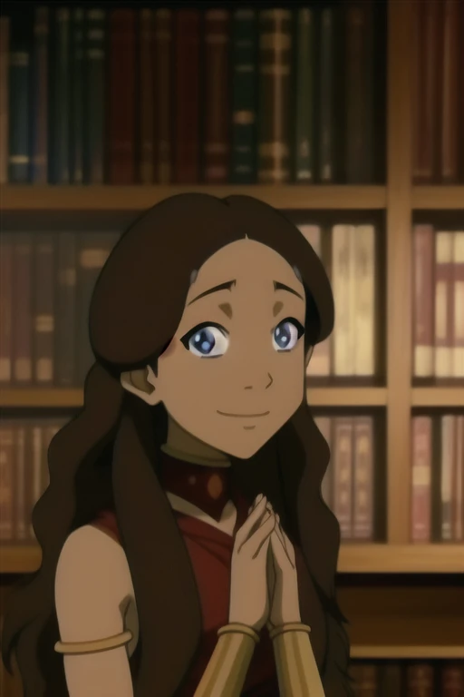 katara, catoon_style, 1girl, solo, long_hair, looking_at_viewer, smile, blue_eyes, brown_hair, black_hair, bare_shoulders, closed_mouth, upper_body, choker, day, dark_skin, collar, dark-skinned_female, parody, own_hands_together, armband, close-up, armlet, style_parody, own_hands_clasped, official_style, anime_coloring, bedroom, bookcase, chair