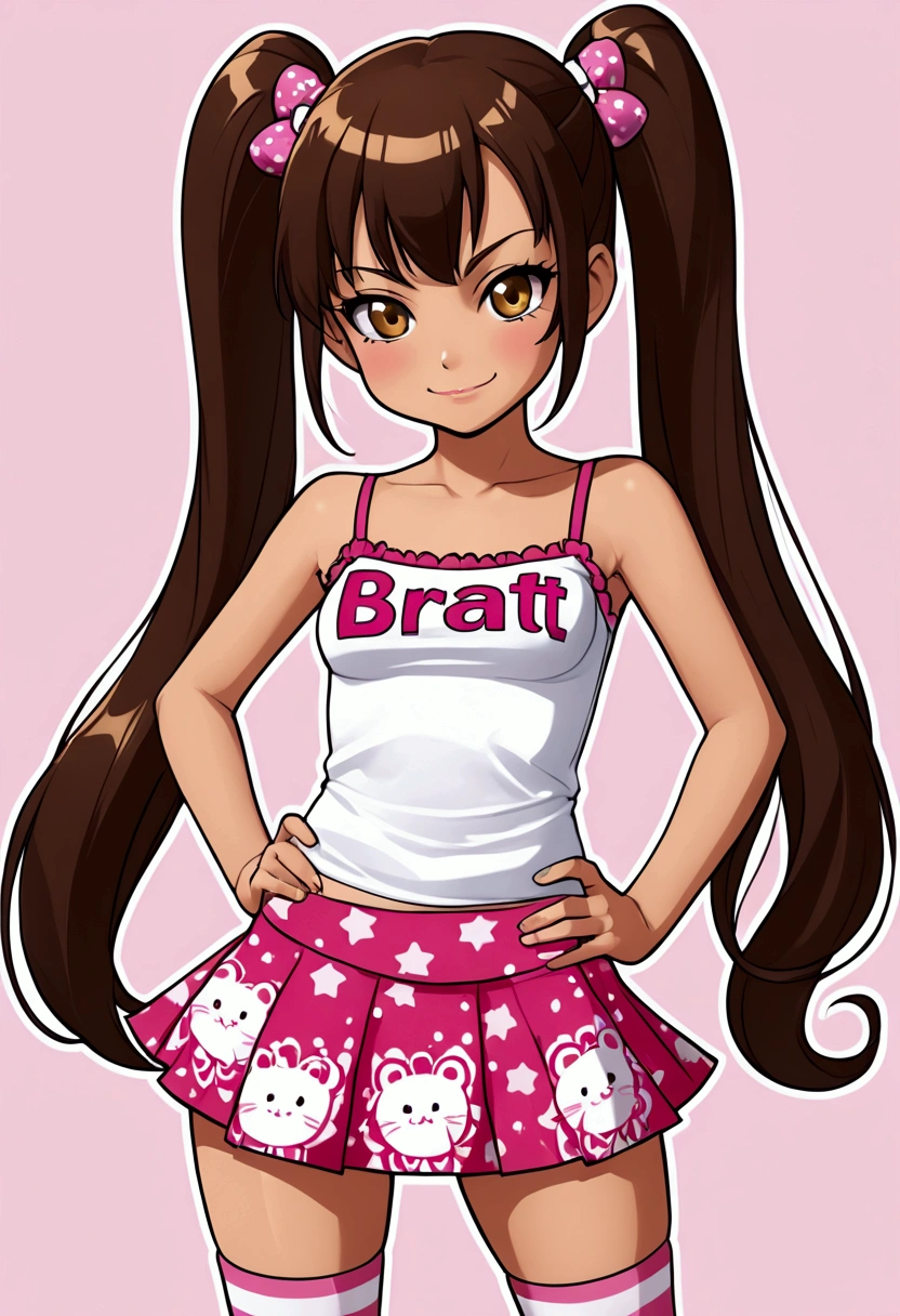 Create a anime style landscape image. Digital illustration featuring a young woman with long, wavy brown hair cascading over her shoulders. girl behind text ""MAHI"". She has a fair skin tone and is depicted with a confident expression, her lips slightly parted. She is wearing a green, button-up shirt tied at the waist, revealing her midriff, and black pants with her hands in the pockets. She accessorizes with large hoop earrings, a choker necklace, a pendant necklace, and a bracelet on her left wrist. The background is a soft, neutral tone, which highlights the subject's detailed and realistic features.