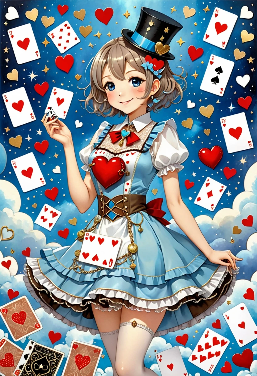 A whimsical anime-style girl in a fantasy-themed outfit, featuring a layered light blue and white dress adorned with heart motifs. She has short, light brown hair and a cheerful expression with one eye winking playfully. She holds a pocket watch on a delicate chain, symbolizing the theme of time, while cards and hearts float around her, enhancing the magical atmosphere. On her head is a tiny blue top hat decorated with a playing card and a small heart. The background features soft, whimsical tones with heart and card elements scattered throughout, giving the scene a romantic and fantastical vibe. The overall art style is colorful, playful, and filled with intricate details.