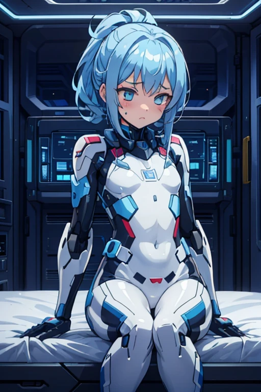  sitting on the edge of a bed
I'm wearing a pilot suit to fly a white and blue robot
Inside the dim laboratory
futuristic machine
BODYLINES
blue hair/ Light blue hair,   medium hair up to buttocks,  1 girl , chest,Anxious, anxiety, Frightened face, 