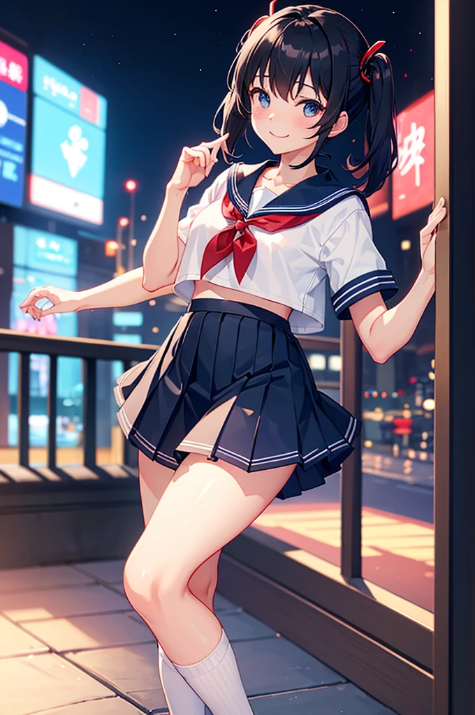 best quality, ultra high res, in night pool,from below,low angle shot,moonlight,1girl,High school students,15 years old,Medium bob,slender,large breasts,tareme,natural makeup,seductive smile,looking down,school sailor uniform,
