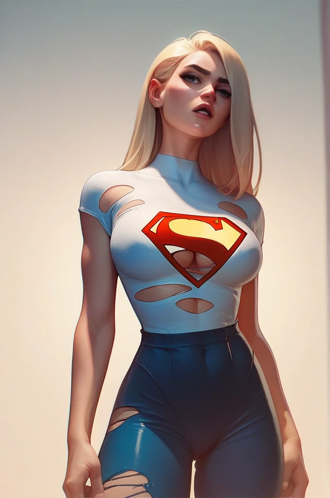 "((better quality, better lighting)), beautiful Powergirl with athletic body, accented and highlighted breasts, dynamic pose, colorful background, high saturation, vibrant lights."