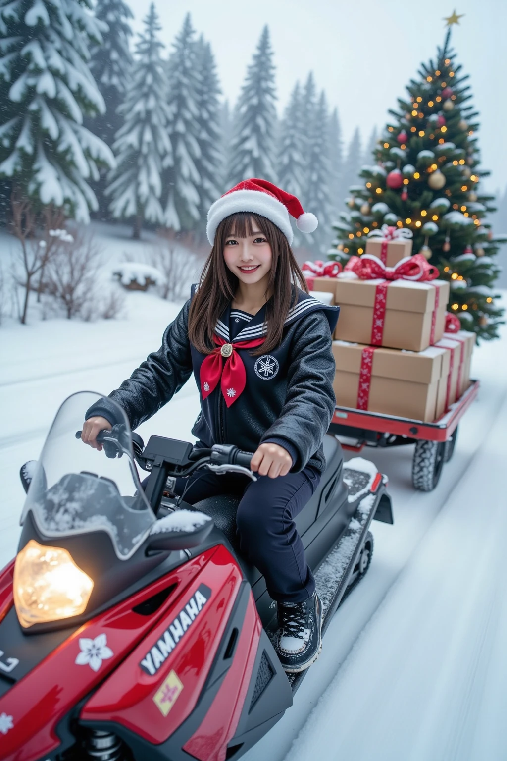 ultra-realistic, photorealistic, dramatic scene, shadow, global-illumination, documentary photo, solo, (teenage Japanese famous idol girl), very beautiful fragile Japanese girl, very beautiful with very cute but boyish cool face, detailed face skin texture, dynamic angle, (wearing Japanese high school sailor uniform with winter jacket, red ribbon:1.3), Santa Claus Hat, hair waving in the wind, (She acrobatically drives a snowmobile at high speed to deliver Christmas gift boxes:1.5), at the scenic driveway in the mountain in a heavy blizzard, amazing view of her brilliant high-speed riding techniques, acrobatic pose, dynamic angle, spectacular, Nimble movements, Sharp turns, (very large breasts), the Yamaha snowmobile is decorated with festive Christmas illuminations, (A large sled full of decorated Christmas gift boxes with a large Christmas tree is hitched to the back of the snowmobile:1.5), (she looks so happy, happy smile:1.5), (shoot from back:1.3), looking at viewers