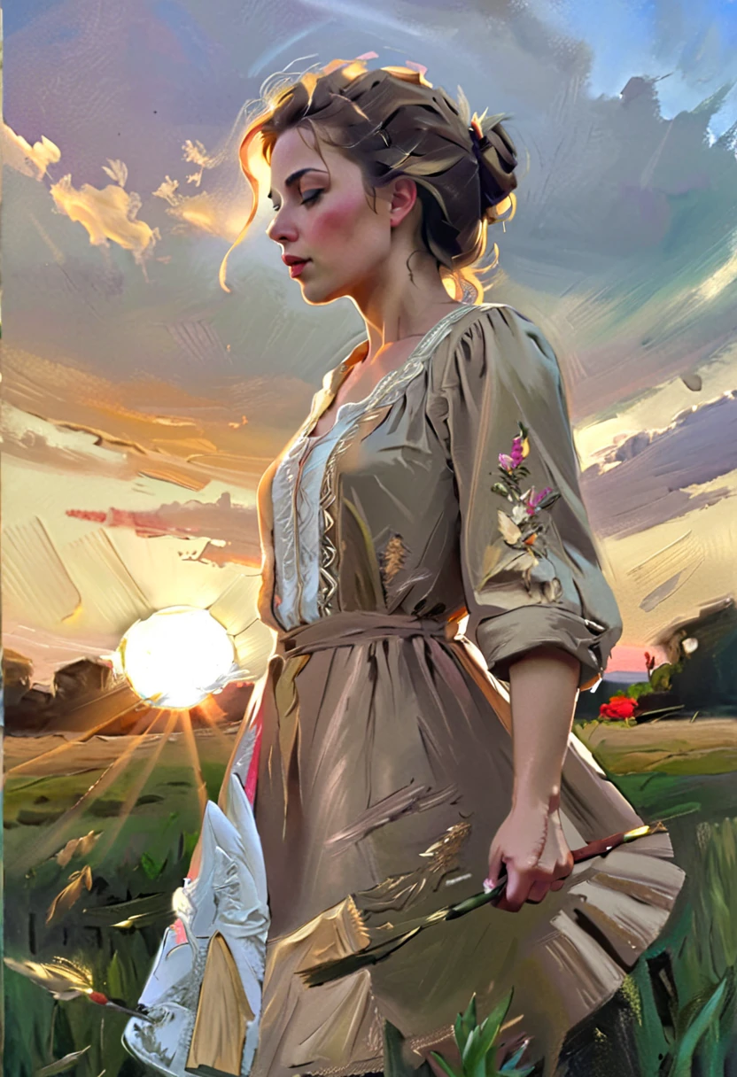 detailed portrait of a woman looking up at the sky, migratory birds flying away, medium oil painting, rough knife painting, dramatic lighting, vibrant colors, photorealistic, masterpiece, cinematic, highly detailed, digital art, atmospheric perspective, glowing warm lighting, golden hour, depth of field, dramatic clouds, realistic skin texture, elegant hairstyle, wistful expression, emotive, mystical