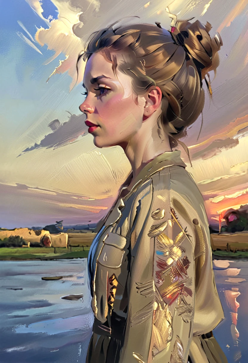 detailed portrait of a woman looking up at the sky, migratory birds flying away, medium oil painting, rough knife painting, dramatic lighting, vibrant colors, photorealistic, masterpiece, cinematic, highly detailed, digital art, atmospheric perspective, glowing warm lighting, golden hour, depth of field, dramatic clouds, realistic skin texture, elegant hairstyle, wistful expression, emotive, mystical