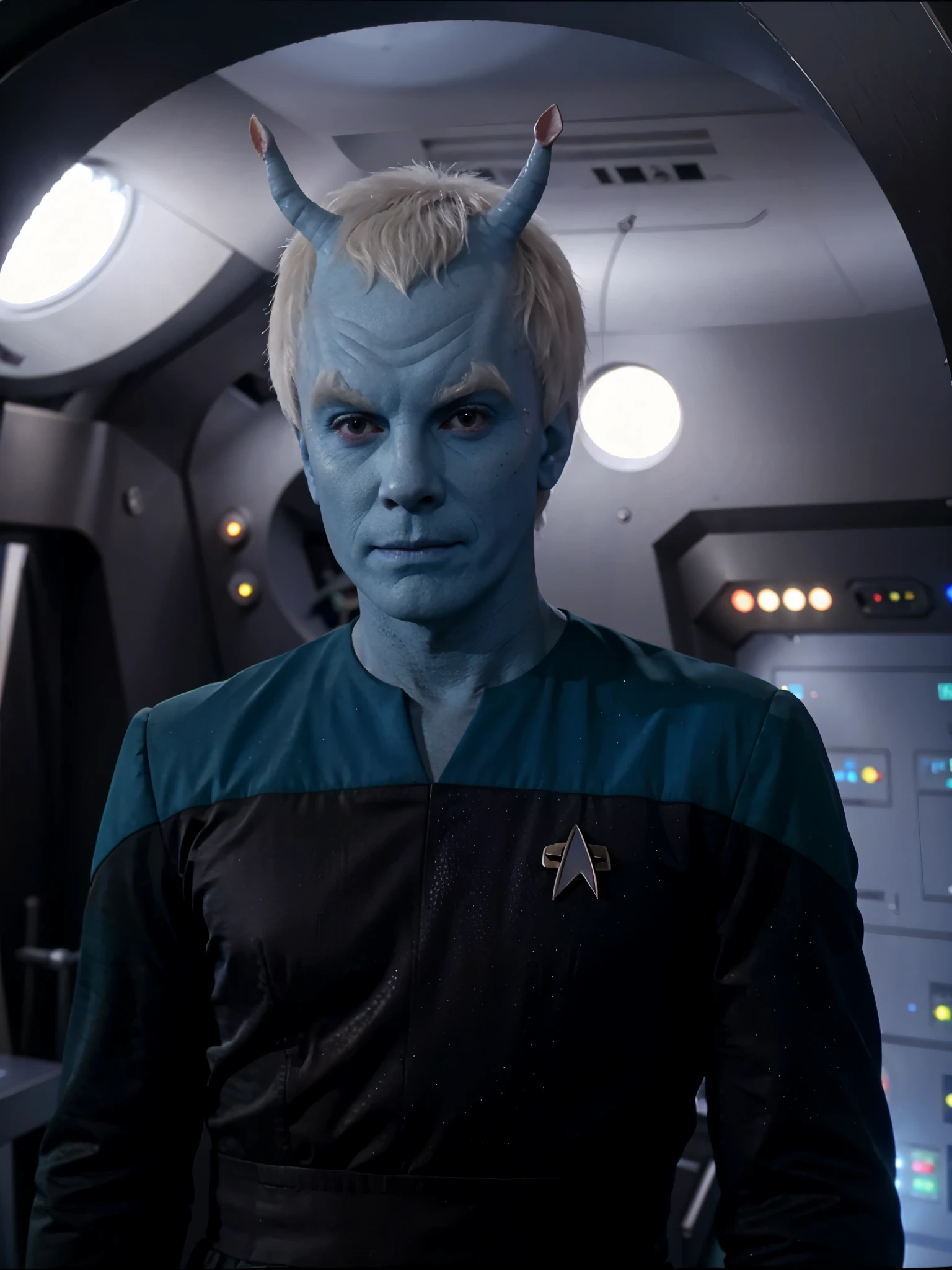 A young male Androrian from Star Trek, blue skin, short hair,  white hair, messy hair, loose fitting teal Starfleet science division uniform. He looks very sick and skinny. He looks like he hasn't slept or eaten in days. He has a smug facial expression. His face is that of the actor  "Hugh Laurie".  image is clear, crisp and bright.