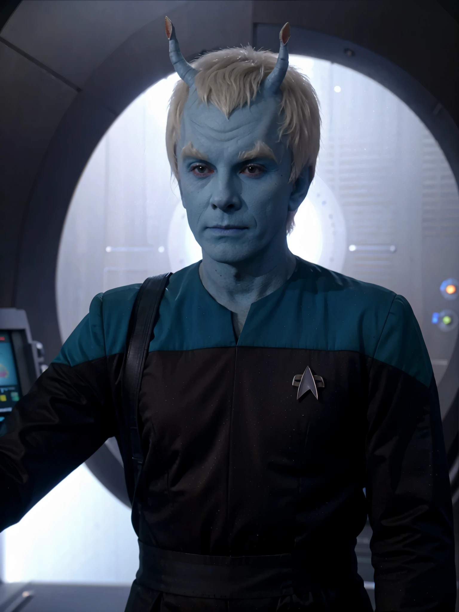 A young male Androrian from Star Trek, blue skin, short hair,  white hair, messy hair, loose fitting teal Starfleet science division uniform. He looks very sick and skinny. He looks like he hasn't slept or eaten in days. He has a smug facial expression. His face is that of the actor  "Hugh Laurie".  image is clear, crisp and bright.