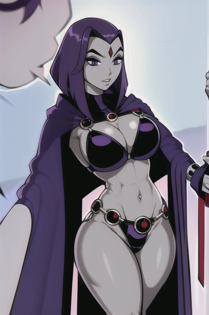 (holding pole:1.4),ShadRaven,lips,,grey skin,,purple hair,red forehead jewel,belt,raven \(dc\), bikini 