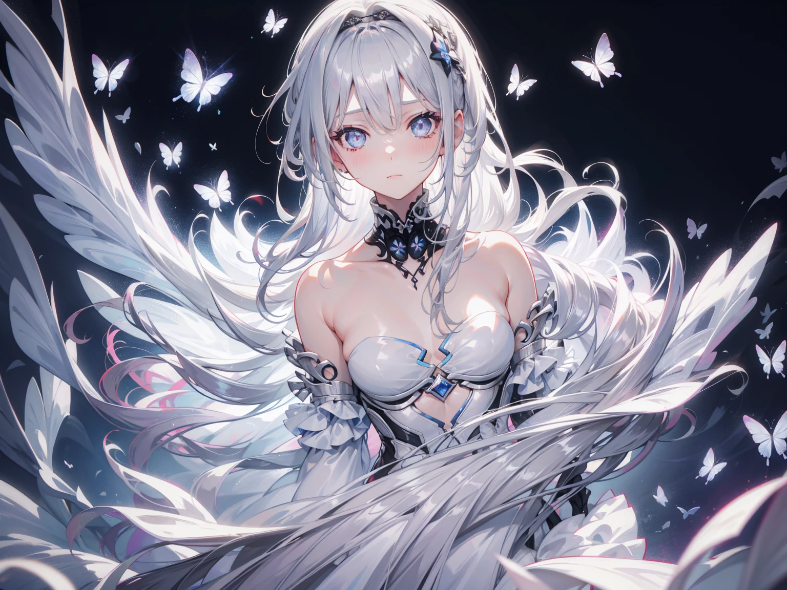 Silver Hair，butterfly，Long white hair，White Wedding Dress，8k wallpaper，Detailed Background，Highest Resolution，Deep V Big Tits，Hair covering one eye，Bandeau wedding dress，Chis，White Rose，tight