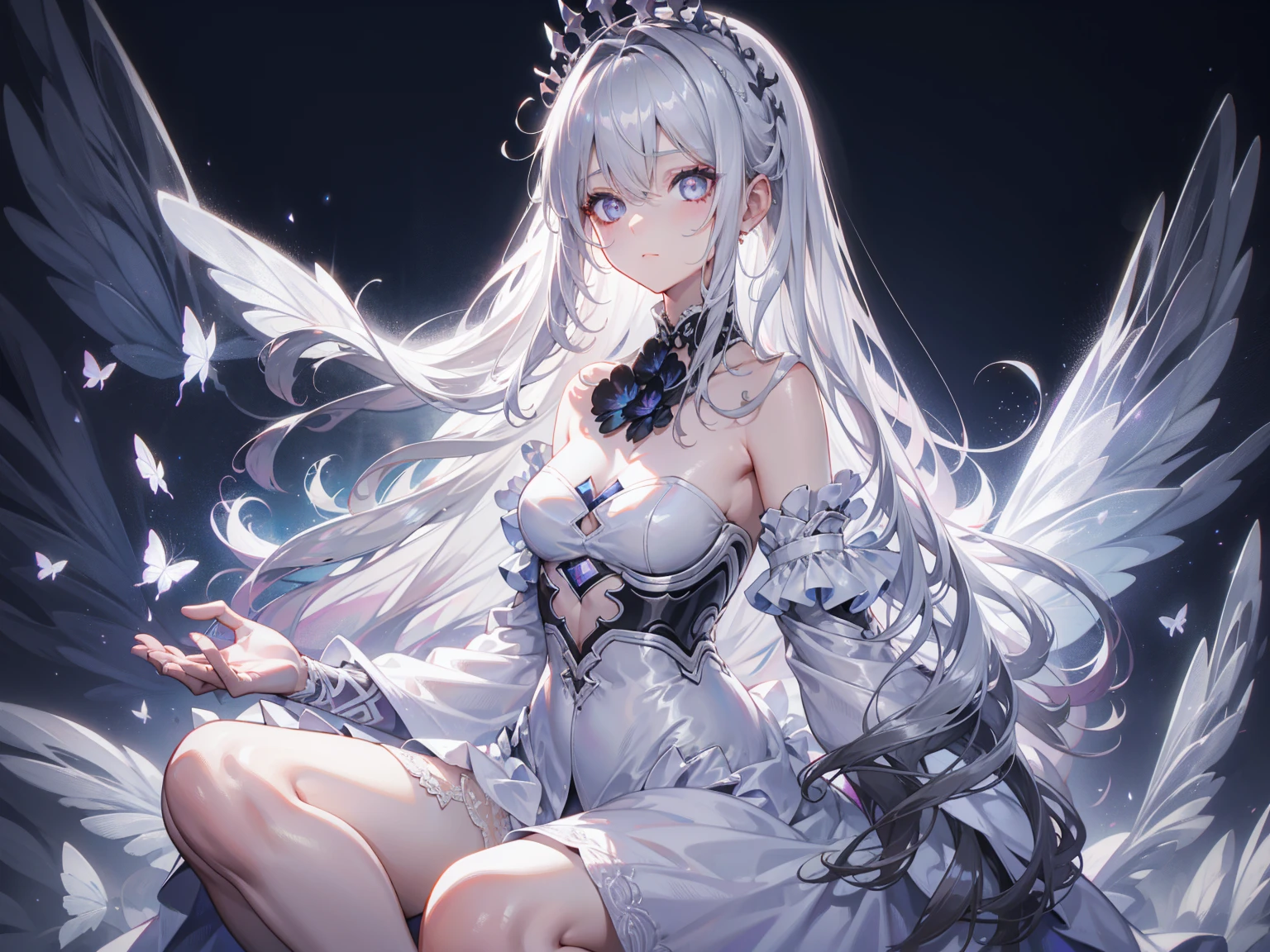 silber hair,butterflys,long whitr hair,white wedding gown,8k wallpaper,detailedbackground,Highest high resolution,deep v big breasts,Hair covers one eye,Bandeau wedding dress,chies,White rose,tight-fitting,chies,In the daytime,ln the forest