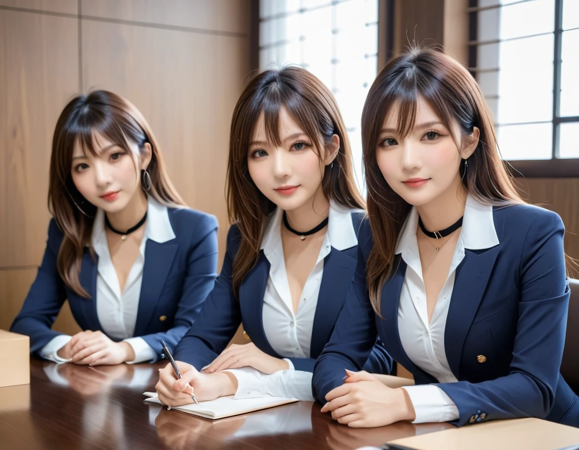  score_9,  score_8,  score_8up score_7,  top quality、  Masterpiece  、 Japan's Top Idol , group、( white tight shirt 、 dark blue blazer )),  flat chested, (( Layered Haircut )),  slender body , Slim face（8k， top quality）,  Adorable， smile，   Long Brown Hair ， 32K,   Masterpiece , Highest image quality， super high resolution， black choker to hold breasts and nipples、 almond eye、bangs、 very thick and long eyelashes,  Completely-valid, (( small tits))、 woman sitting in meeting room, View from chair 、Serious discussion during the meeting、  desk 