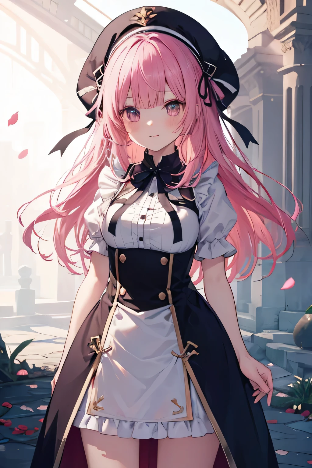Maid girl without a cheerful headdress ( showing teeth), standing, pink hair color, combat pose, mmorpg background , mmorpg background (A stranger), complete anatomy, graphic effects , ornament of an accessory shaped like a flower on her head, aura, white beret, height 159 cm ( 5 feet 3 inches ), hard fists , caste summoning circle ability Guillotine Fist((kanji)( ragnarok online ), Blue Fire Force +vapor, fire around, strong breeze , black and white cat mascot , sakura petals and leaves, primera persona, blush, Looking at the spectator , Charm, Pausa de toque ciego Looking at the spectator , anime style very detailed face, 8K, light and shadow effect.