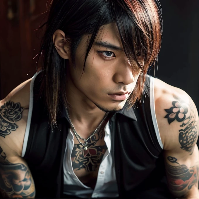 1 man, Japanese man, male, Asian eyes, muscular, broad shoulders, yakuza tattoos, hairstyle Visual Kei style, hair Visual Kei, black men's shirt and black pants, ultra detailed face, hyperrealistic, realistic representation, long hair, long hair, 30 years old, age 30 years, blonde hair, full body view