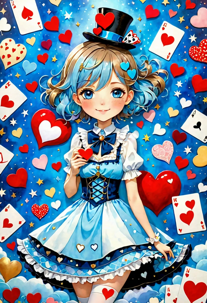 A whimsical anime-style girl in a fantasy-themed outfit, featuring a layered light blue and white dress adorned with heart motifs. She has short, light brown hair and a cheerful expression with one eye winking playfully. She holds a pocket watch on a delicate chain, symbolizing the theme of time, while cards and hearts float around her, enhancing the magical atmosphere. On her head is a tiny blue top hat decorated with a playing card and a small heart. The background features soft, whimsical tones with heart and card elements scattered throughout, giving the scene a romantic and fantastical vibe. The overall art style is colorful, playful, and filled with intricate details.