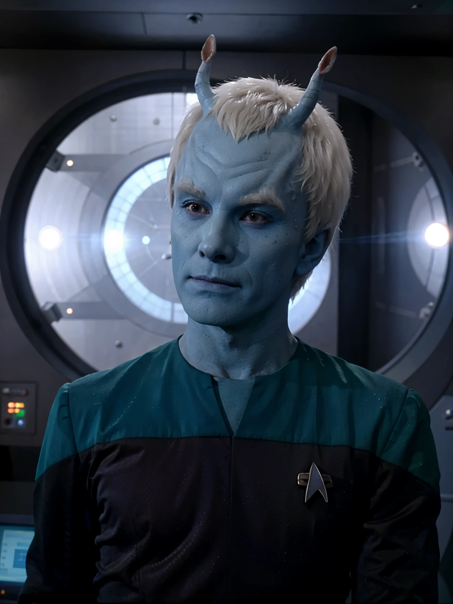 A young male Androrian from Star Trek, blue skin, short hair,  white hair, messy hair, loose fitting teal Starfleet science division uniform. He looks very sick and skinny. He looks like he hasn't slept or eaten in days. He has a smug facial expression. His face is that of the actor  "Cillian Murphy".  image is clear, crisp and bright.