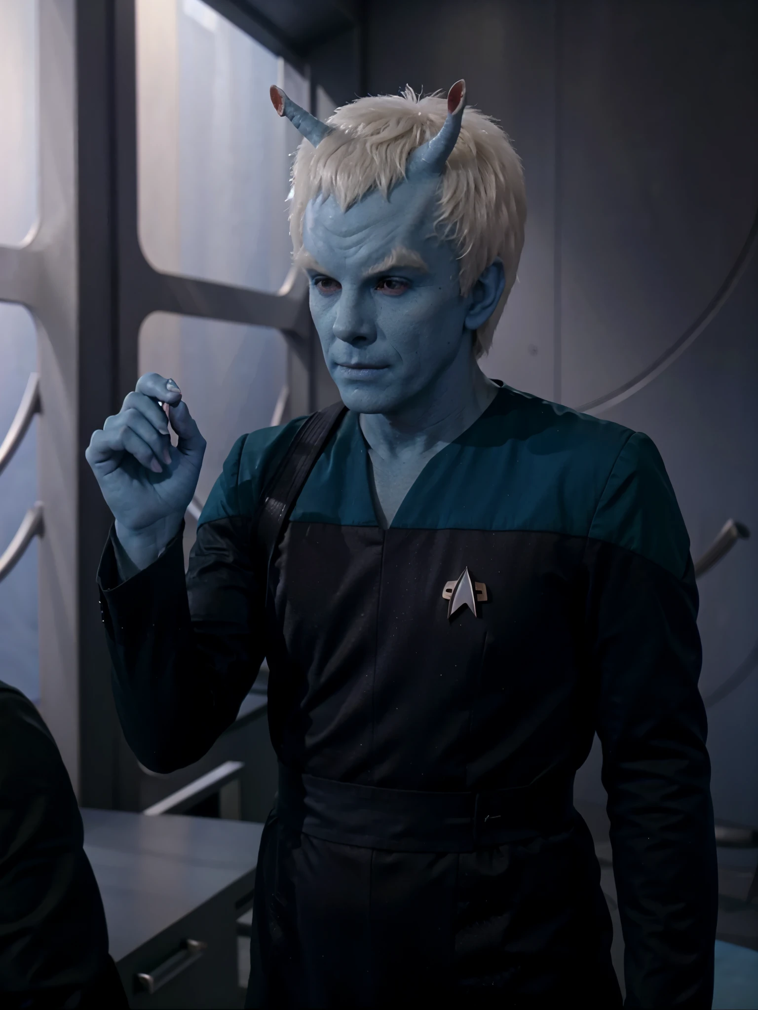 A young male Androrian from Star Trek, blue skin, short hair,  white hair, messy hair, loose fitting teal Starfleet science division uniform. He looks very sick and skinny. He looks like he hasn't slept or eaten in days. He has a smug facial expression. His face is that of the actor  "Hugh Laurie".  image is clear, crisp and bright.