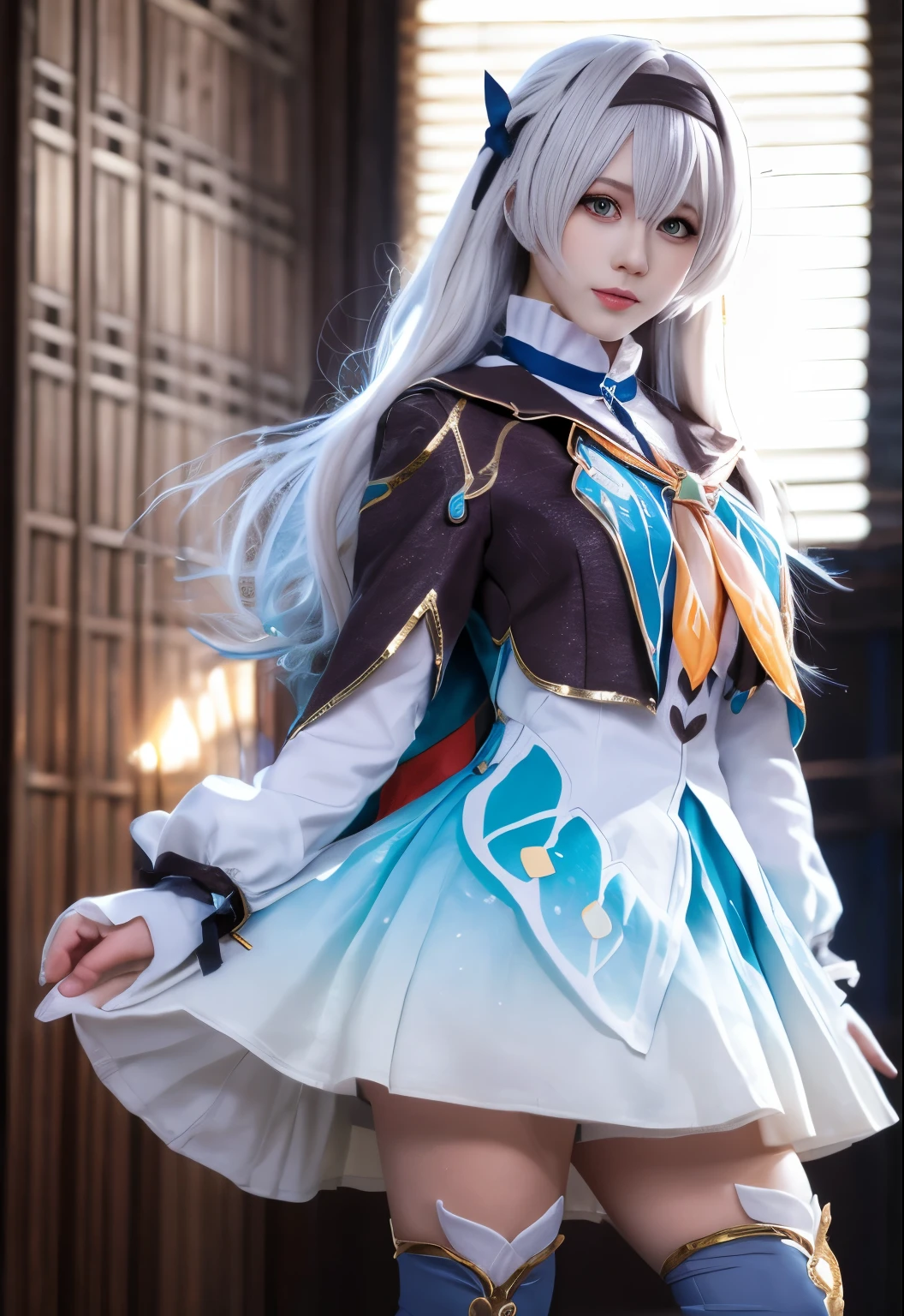 best quality, quality, masterpiece, photorealistic, 1girl, solo, full body, helm cosplay costume, illustration, an extremely delicate and beautiful, extremely detailed ,CG ,unity ,8k wallpaper, Amazing, finely detail, masterpiece,best quality,official art,extremely detailed CG unity 8k wallpaper,absurdres, incredibly absurdres, huge filesize, ultra-detailed, highres, extremely detailed,beautiful detailed girl, extremely detailed eyes and face, beautiful detailed eyes,light on face,cinematic lighting,see-through,realistic,standing,firefly cosplay costume,cosplay,long hair,white hair,dress,cropped jacket,capelet,shirt,skirt,long sleeves,frilled sleeves,bow,neckerchief,ribbon,fingerless gloves,hairband,hair bow,hair ornament,gradient legwear,gradient thighhighs,ankle boots,high heel boots,simple grey background,