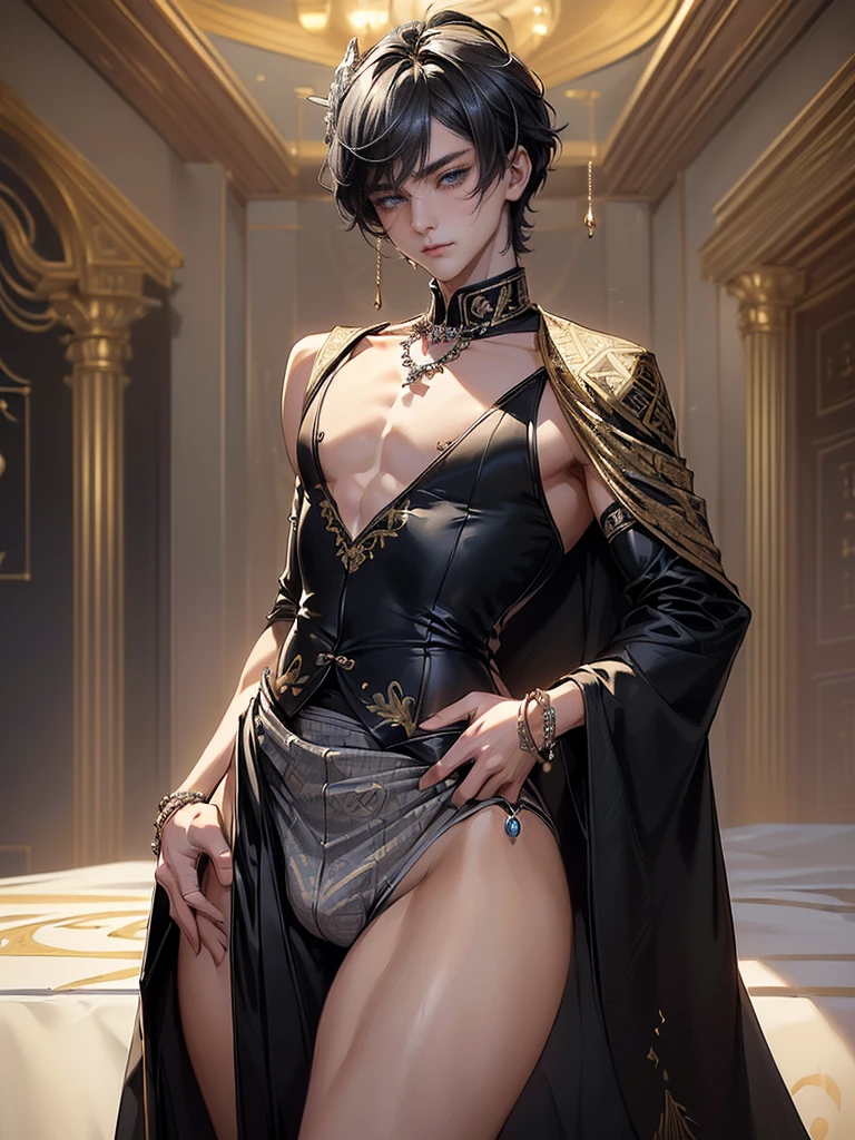 Androgynous boy wearing a black robe, Incarnation of a Deity related to the moon, Purple jewelry jewelry jewelry background with trees and owls, arte assombrosamente bela, Corujas, RPG, fantasia, cabelo comprido platinado, Estilo anime, Perfect lips, pele de porcelana, HDR, UHD, 64 mil, studio lighting, realista, hyper realistic, simetrical face, Motor irreal, Bokeh, high - resolution scan