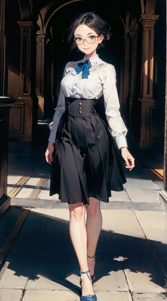 Woman standing alone in library, white light background wearing white floral blouse, dark blue bow tie, dark blue skirt with ruffles, white silk socks, wearing pumps
