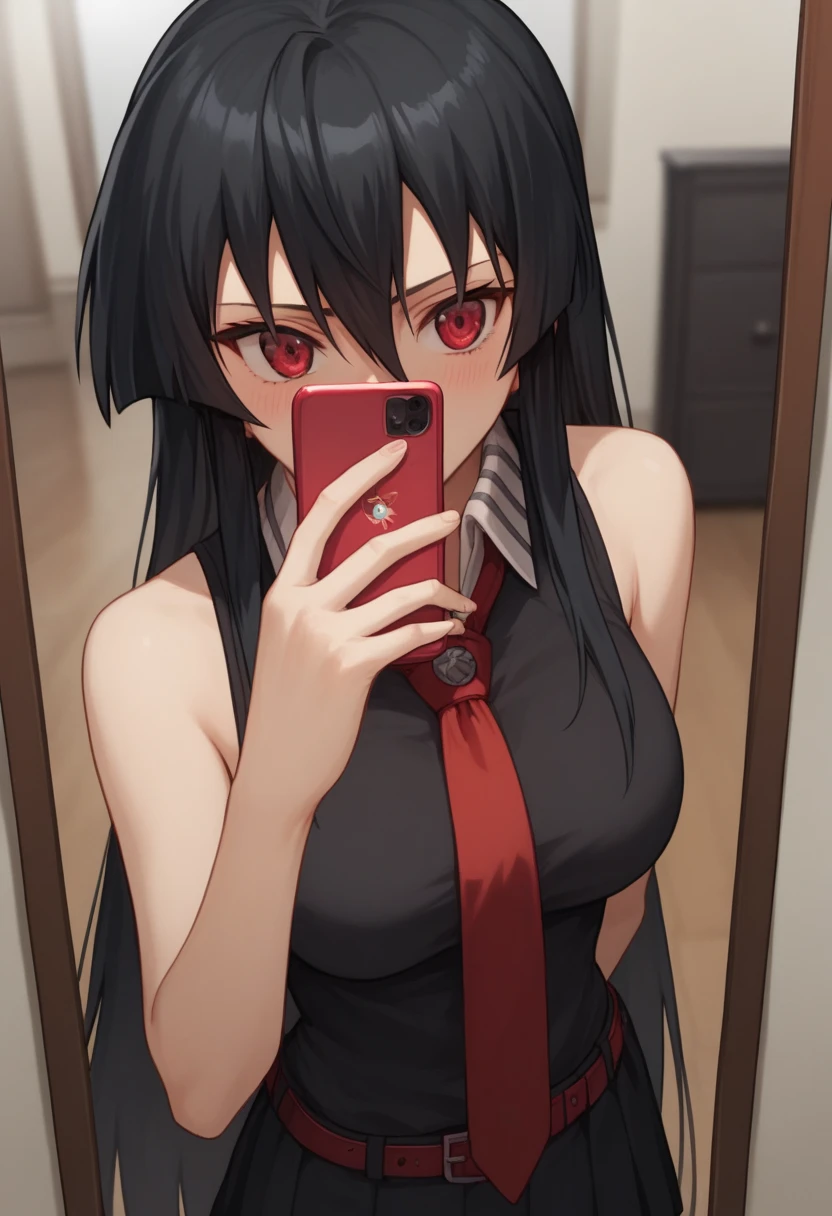 1girl,solo,akame, long hair, black hair, red eyes, hair between eyes,
skirt, dress, necktie, sleeveless, belt, shirt, black shirt, collared shirt, red necktie, black skirt, selfie, arm behind back, cellphone, covering own mouth, embarrassed, hand up, holding, holding phone, mirror, phone, reflection, smartphone