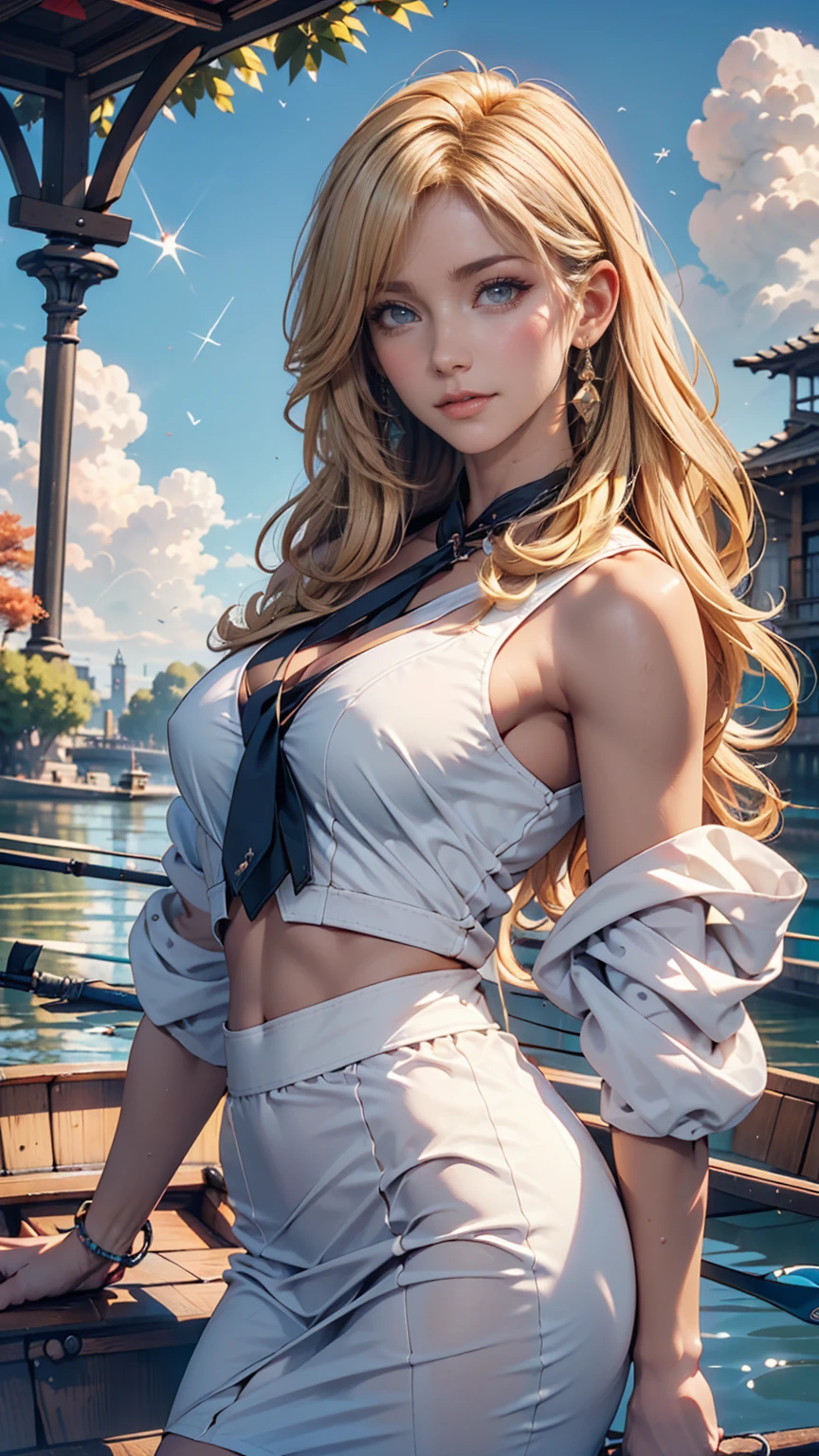 (  Masterpiece  :1.2), ( top quality:1.2),  perfect eyes,  perfect face,  Complete,  1 girl , Nogara mature , Medium-length blonde hair, Curly hair, Detailed clothing,  Detailed Outdoor Backdrop  , compensate,  eyeshadow, thick eyelashes , fantasy,  viewer, spring 、blue sky、cloud、rainbow、lake、Rowing boat