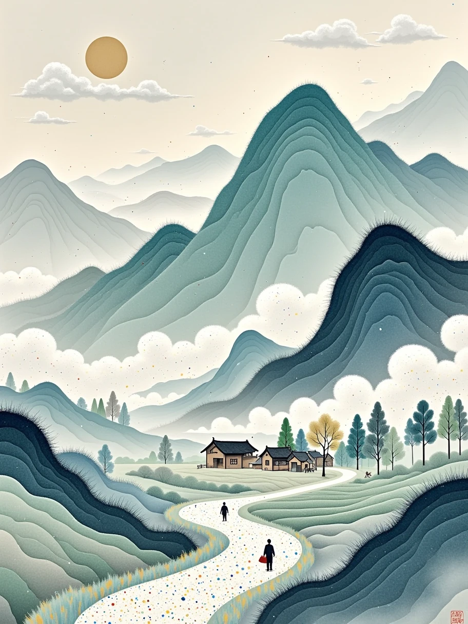 Fluid watercolor, artistic conception, vastness, distant mountains made of felt material, small path, clouds and mist, small village, people returning home, Ye Ruikun, Gu Yuan, line illustration, frosted texture, dazzling light and shadow, color particles, extensive ink splatter effect, minimalist composition, elegant background