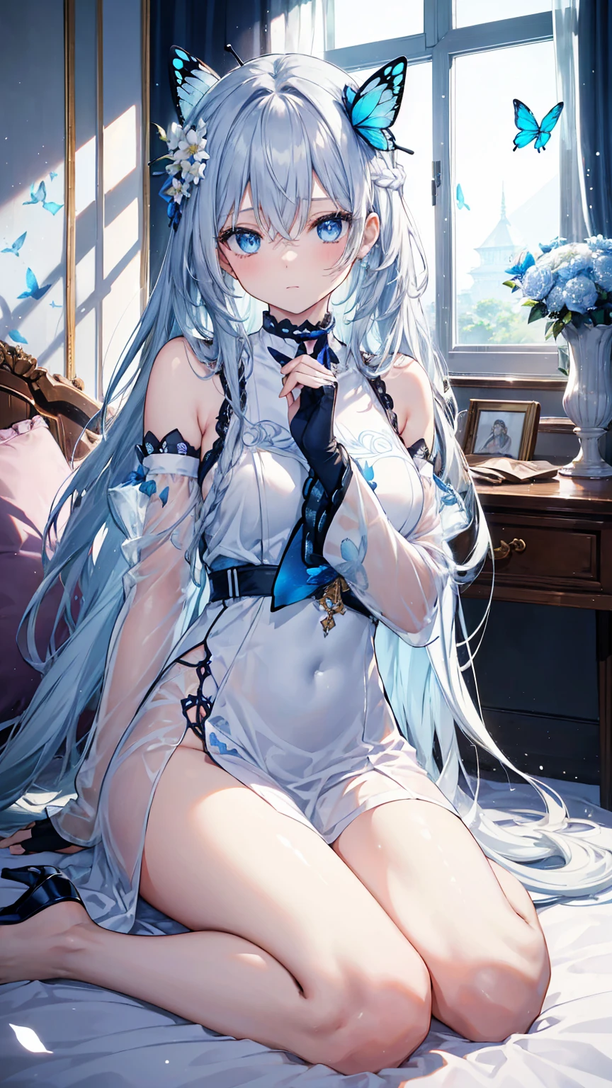 (Overlooking figure)、Dynamic Angle、Super detailed、figure、 Straight、One girl、(Fantasy:1.4)、
(Blue Eyes:1.2)、(Glowing Eyes:1.2)、(Beautiful and detailed:1.1)、(Silver Hair:1.2)、(Messy Hair、Very long hair、French Braid、Hair between the eyes、Side Lock)、
(Blue Hair Flower:1.1)、(Chiffon dress、blue floral pattern on uniform)、(uniform:1.2)、(Removable sleeves、Wide sleeves)、(Fingerless gloves)、choker、
(Shrine Maiden Knee Socks)、High heel boots、(Expressionlesouth closed)、(Are standing)、(White ancient palace、Classic princess bedroom with dressing table and French windows)、
(White flowers are blooming)、(Dull Blue World Tree:1.1)、(Remains)、(night:1.2)、dream-like、(Delicate fingers and hands:1.0)、(Finger details)、Accurate 5 fingers、zettai ryouiki、(flat chest:1.5)、(see-through nipples:1.1), (see-through pussy:1.5)
