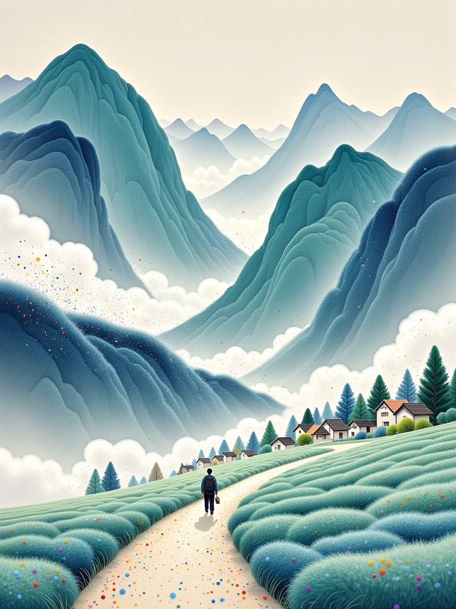 Fluid watercolor, artistic conception, vastness, distant mountains made of felt material, small path, clouds and mist, small village, people returning home, Ye Ruikun, Gu Yuan, line illustration, frosted texture, dazzling light and shadow, color particles, extensive ink splatter effect, minimalist composition, elegant background