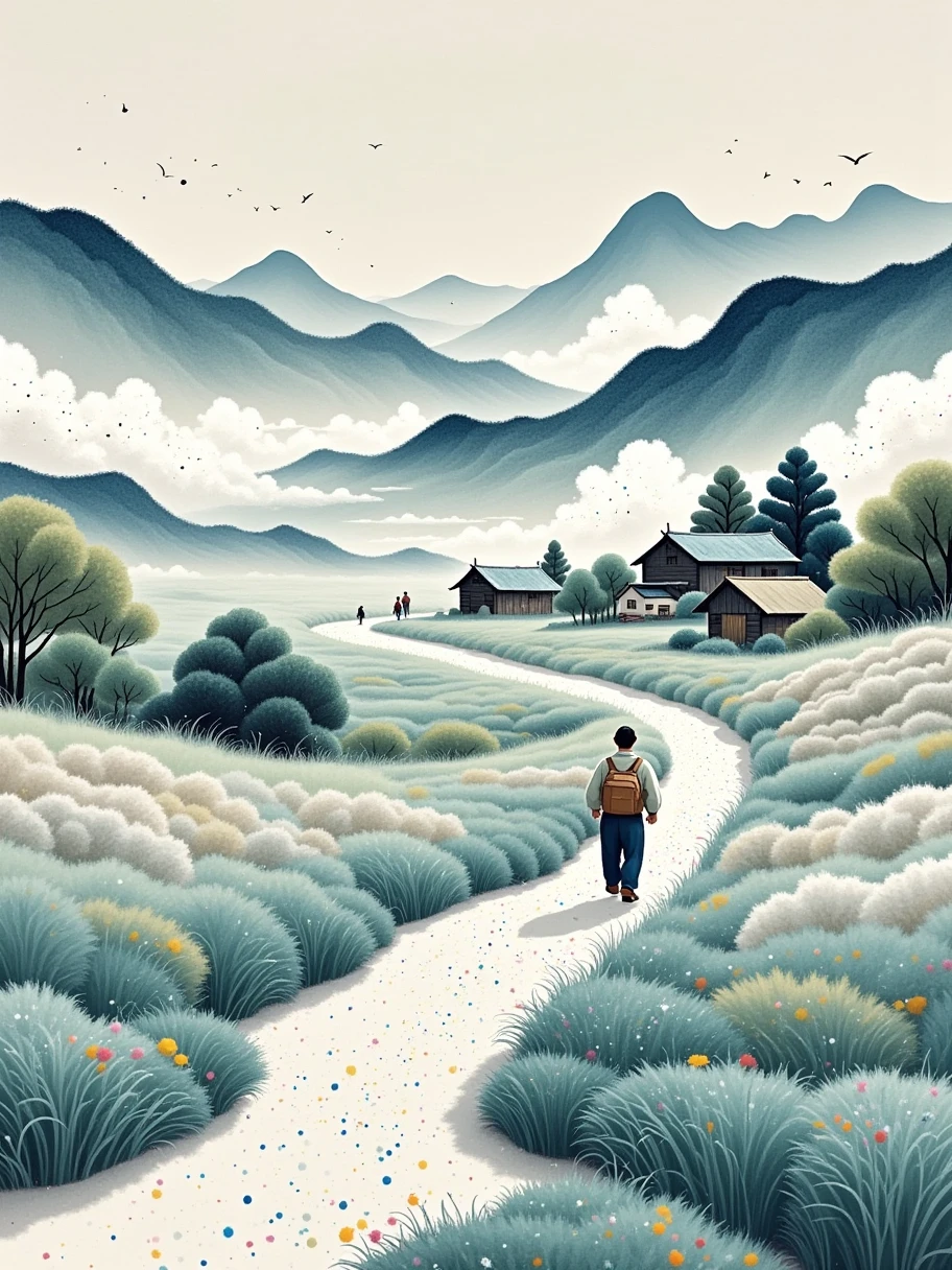 Fluid watercolor, artistic conception, vastness, distant mountains made of felt material, small path, clouds and mist, small village, people returning home, Ye Ruikun, Gu Yuan, line illustration, frosted texture, dazzling light and shadow, color particles, extensive ink splatter effect, minimalist composition, elegant background