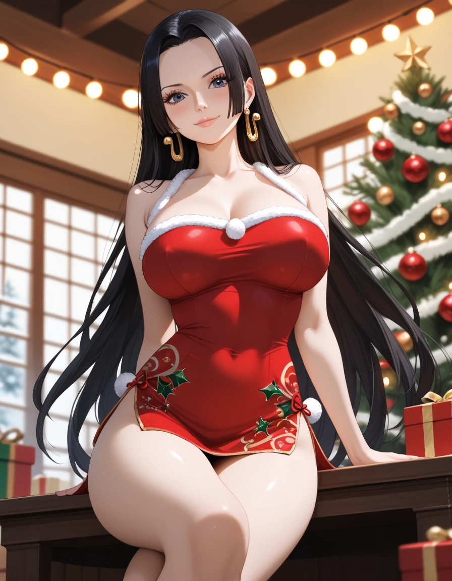 Boa_hancock, long hair, black hair, earrings, large breasts, one piece, photorealistic, detailed coloring, anime style, detailed high quality, chromatic aberrations, ultra detailed quality skin, detailed ray tracing lighting,, masterpiece、 best quality、masterpiece,  high definition , 8K quality,  perfect face, solo, 1 girl, beautiful face, beautiful detailed eyes, Alone,  cute face、nose blush, red cheek,  large butt, looking at viewer, wearing a smug expression, (looking down, from below), cleavage, closed mouth, standing, hair slicked back, collarbone, Staring at the viewer, (Christmas costume, Cheongsam, mini skirt,), ass line, sitting on table, crossed legs, sexy pose, sensual expression, sensual pose, blurry background, covered nipples, festive decorations, twinkling lights, decorated Christmas tree, cozy indoor setting, warm color tones,