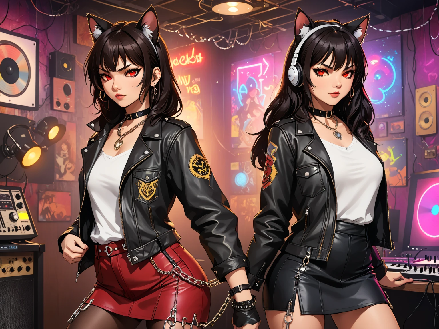 (1 couple),  score_9,  score_8_above,  score_8, 1 girl, mature female, Alone, junkotvvxl, black hlong hair ,  straight bangs , large headphones ,cat ears, red eyes,source_animated, mini leather skirt,  thick thighs,  wide hips , casual black clothes,white blouse, brasier,  black leather jacket  . , 1 young person, male, Alone, focus, neocruz, black medium hair, brown hair ,messy hair, brown eyes,source_animated,( Rocker style leather jacket and pants, with small chains in the pockets), with a background of (Discos de vinilo en una pared de ladrillo), music studio ,(neon lights), ( stylized collage ), ( LegendDarkFantasy ,, memphisstyle-6750 )